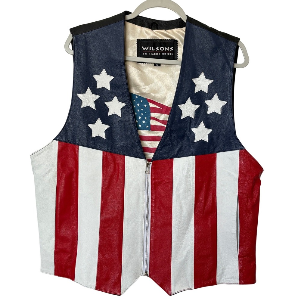 Wilson's Leather ~ Men's PATRIOTIC Stars Stripes LEATHER Vest sz XL Zip Front